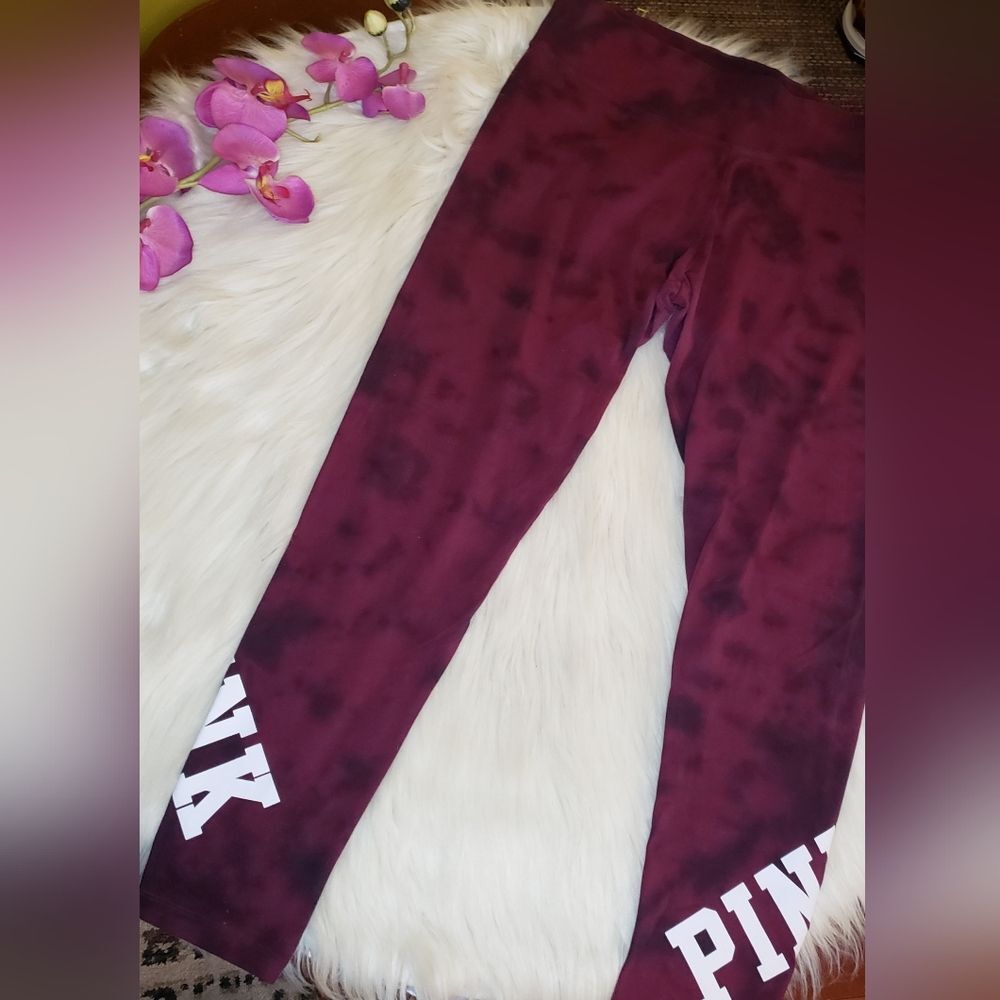 PINK Victoria’s Secret Large Maroon Tie Dye High Rise Cotton Yoga  Logo Leggings - Picture 2 of 11